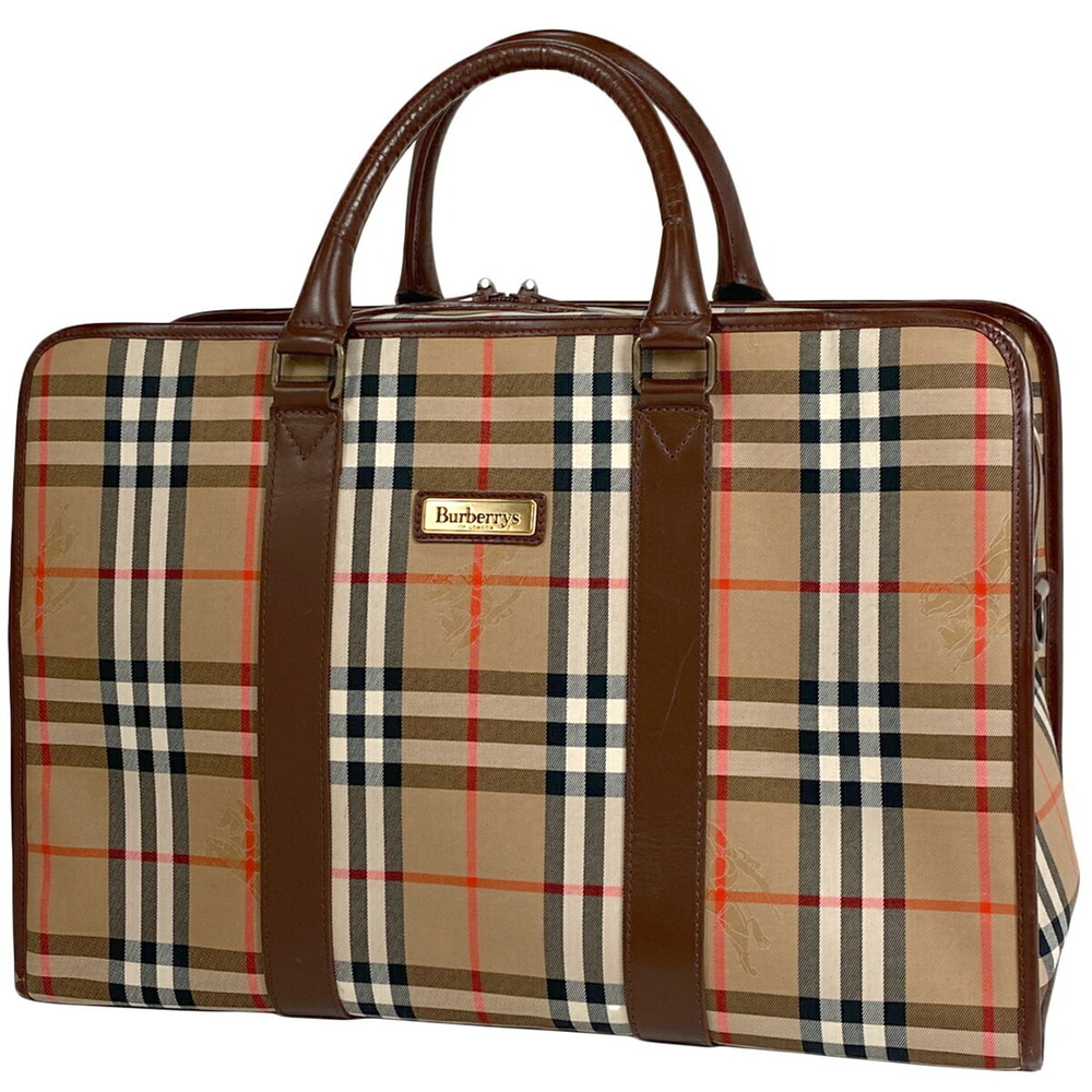 Burberry Check Travel Bag Handbag Logo Boston Canvas Brown